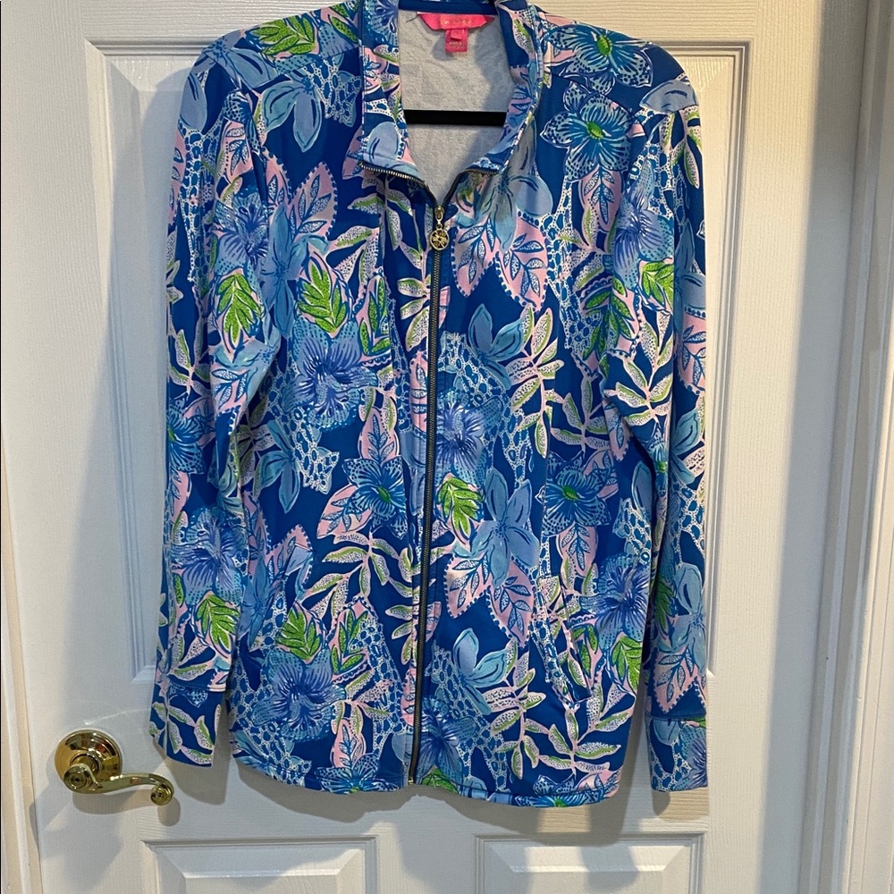 Lilly Pulitzer Blue Floral Zip-Up Jacket with Pink & Green Accents XL